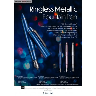 Sailor 1911 Classic Ringless Metallic Fountain Pen, Simply Blue